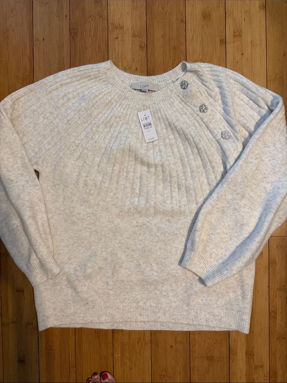 LOFT New XL Cream Ribbed Yoke Sweater with Sparkly Shoulder Buttons